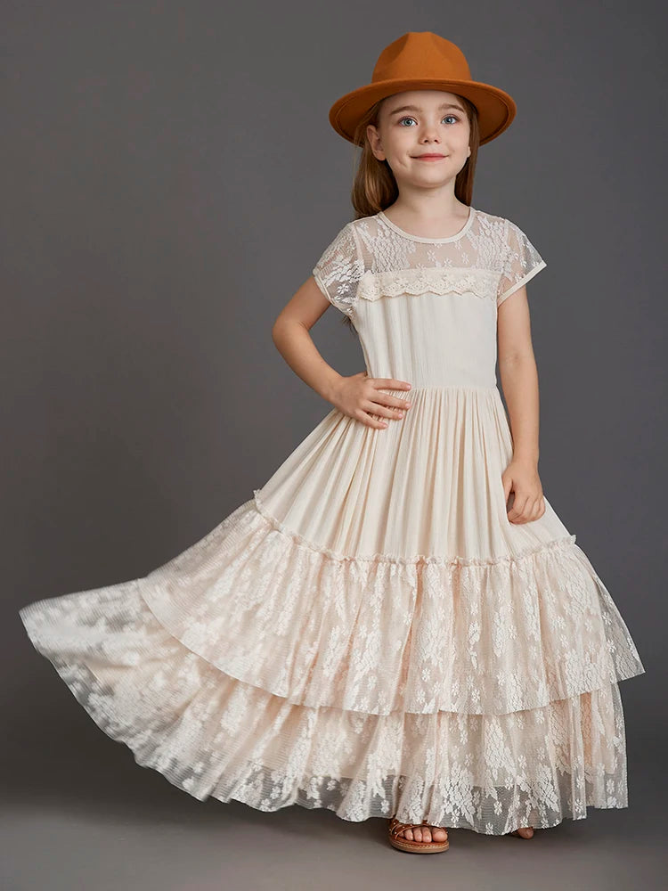 New 2024 Princess Girls Short Sleeve Lace Long Floor Dresses