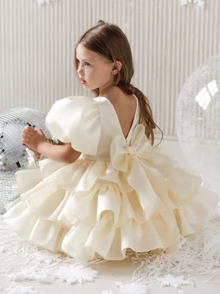 Girls Creamy-white Bow Short Sleeve Wedding Birthday Party Dress