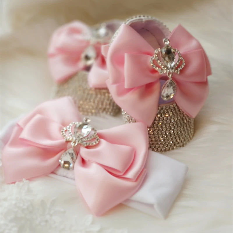 Dollbling Baroque Pink Rhinestones Baby Girl Shoes First Walker Headband Set Sparkle Crystals Princess Shoes Baby Shower SH3