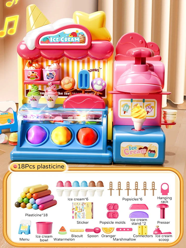Children Ice Cream Toy for Girl Play Dough Color Machine With Music and Light Boy Toy Food Fake Kids Supermarket 3 Years Gifts