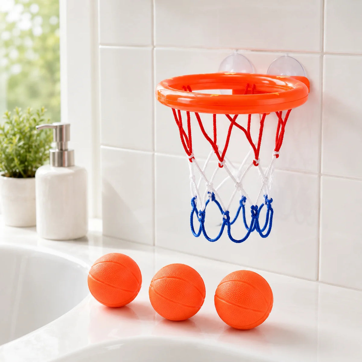 Toddler Bath Basketball Hoop Toy with 3 Soft Balls Strong Suction Cups Bathtub Shooting Game
