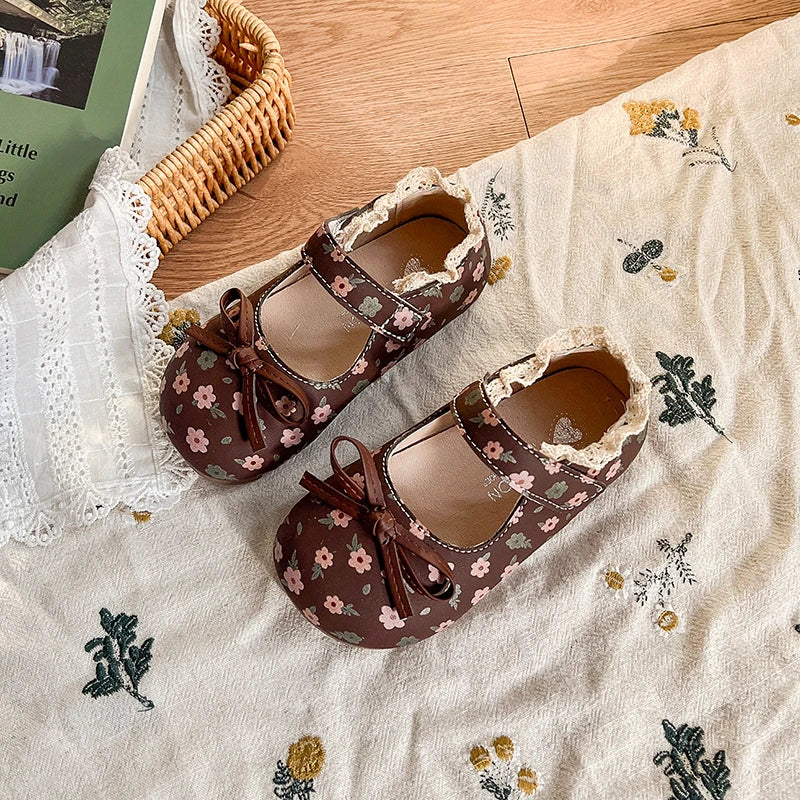 Spring Girl's Princess Shoes Floral Adorable Versatile Kids Flat Shoe Round Toe Soft Comfy Trendy Children Mary Janes 21-32