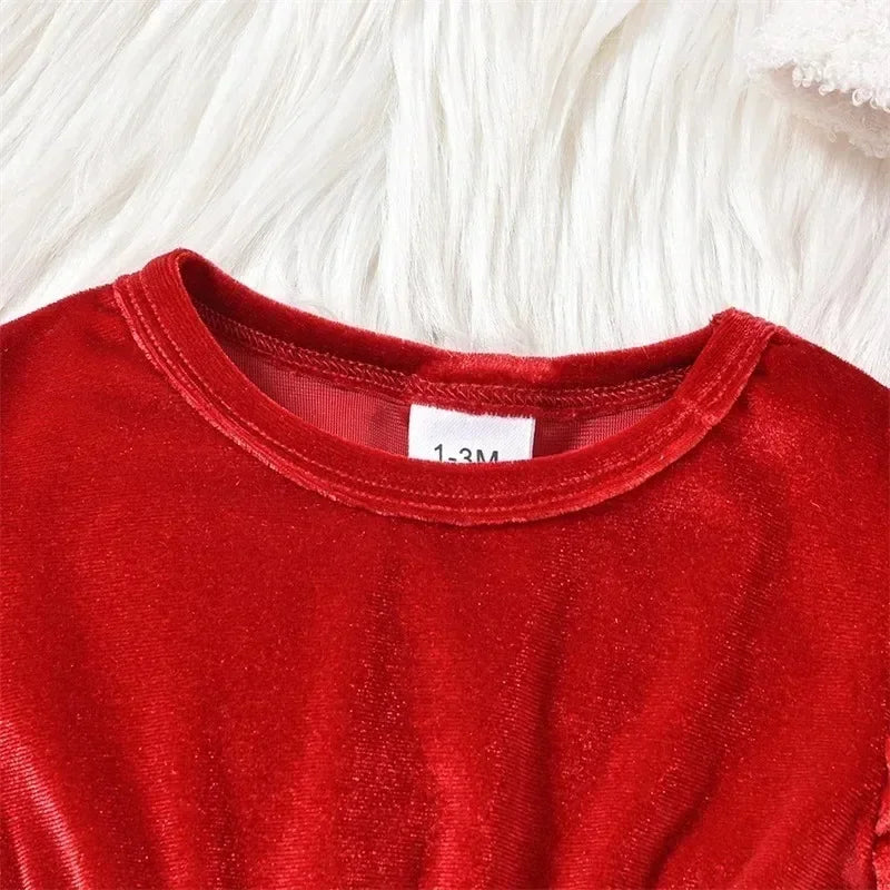 Baby Girl's Christmas Velvet Dress with PP shorts & Hat Set ,Pom pom Trim baby girl Dress