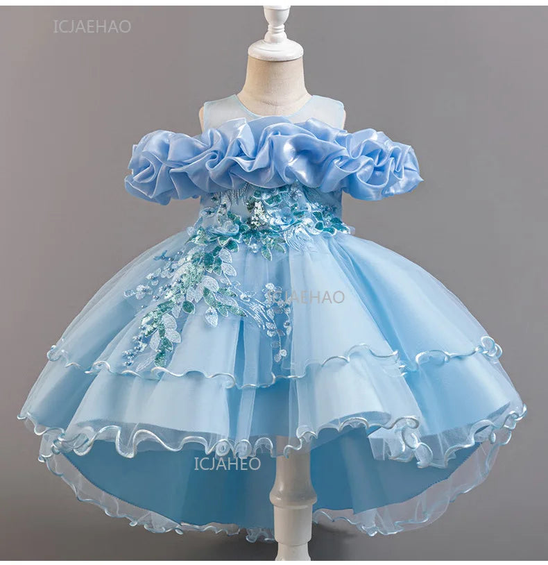 Girls Flower Girl Dress with Train Tulle Princess Gown Christmas Birthday Party Pageant Formal Dresses Kids Children Clothing