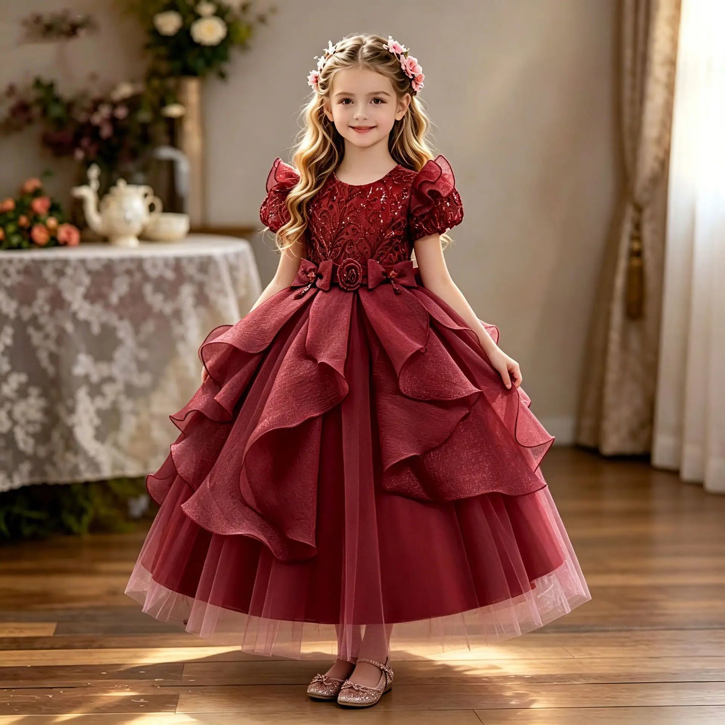 Gorgeous Elegant Girl Dress Model Show Piano Performance Birthday Party