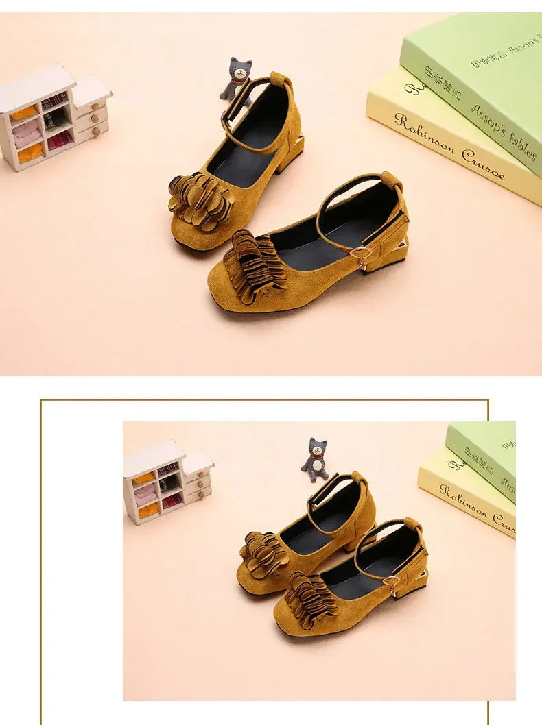 Girls Party Shoes High Heeled Fashion Princess with Flowers Sweet Chic Kids Leather Shoes for Wedding Model Shoes Ankle-strap