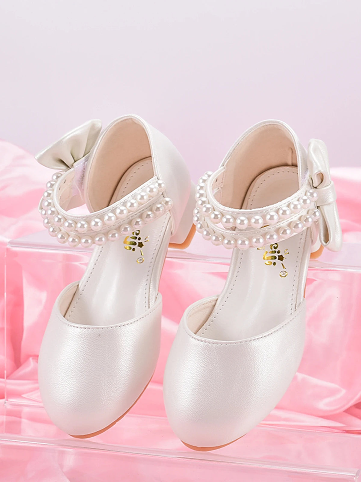 Children's Princess Shoes For Girls, Spring/Summer White Shoes With High Heels And Pearls For Big Kids