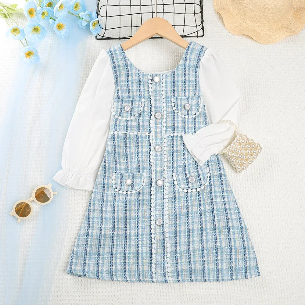 Menoea Girls' Dress 2023 Autumn New Girls' Plaid Round Neck Dress