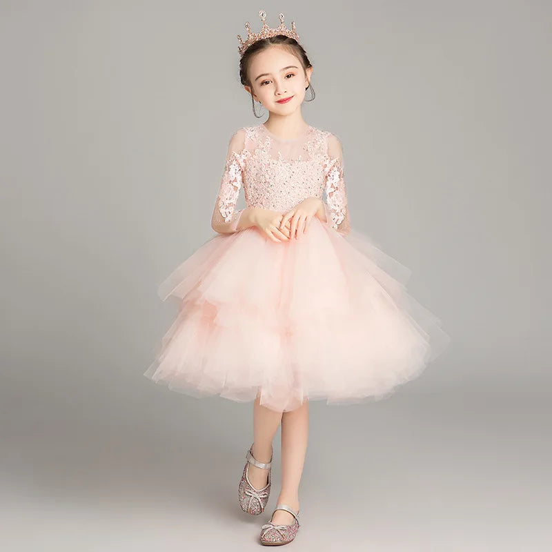 2025 Girls Catwalk Pink Flower Girl Tulle Tutu Wedding Host  Dress
