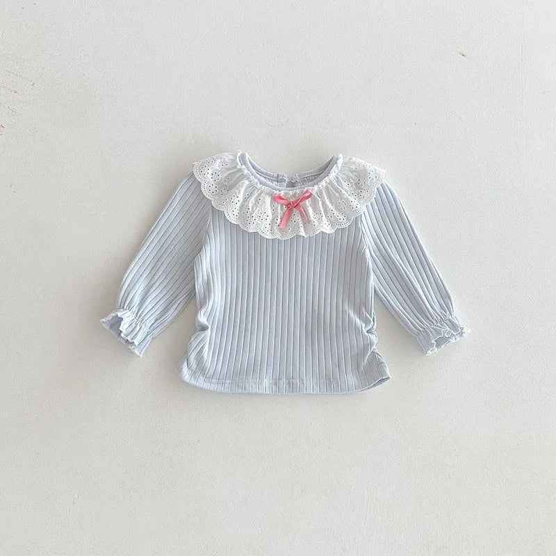 Alice Collar Ribbed Sweet Bowtie Frilly Neck Top