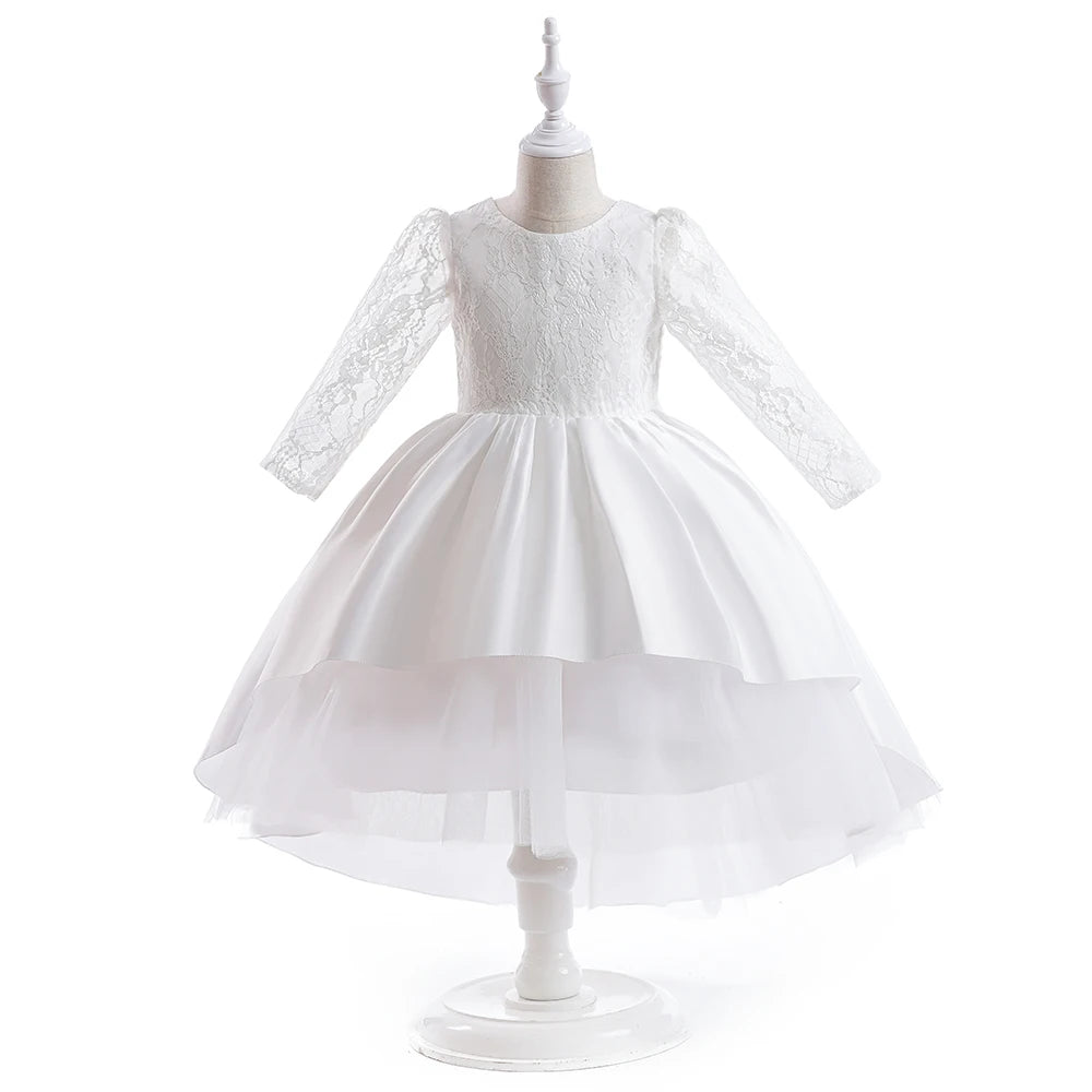 Summer White Lace Bridemaid Girl Dress Trailing Long Sleeve Flower Princess Dress