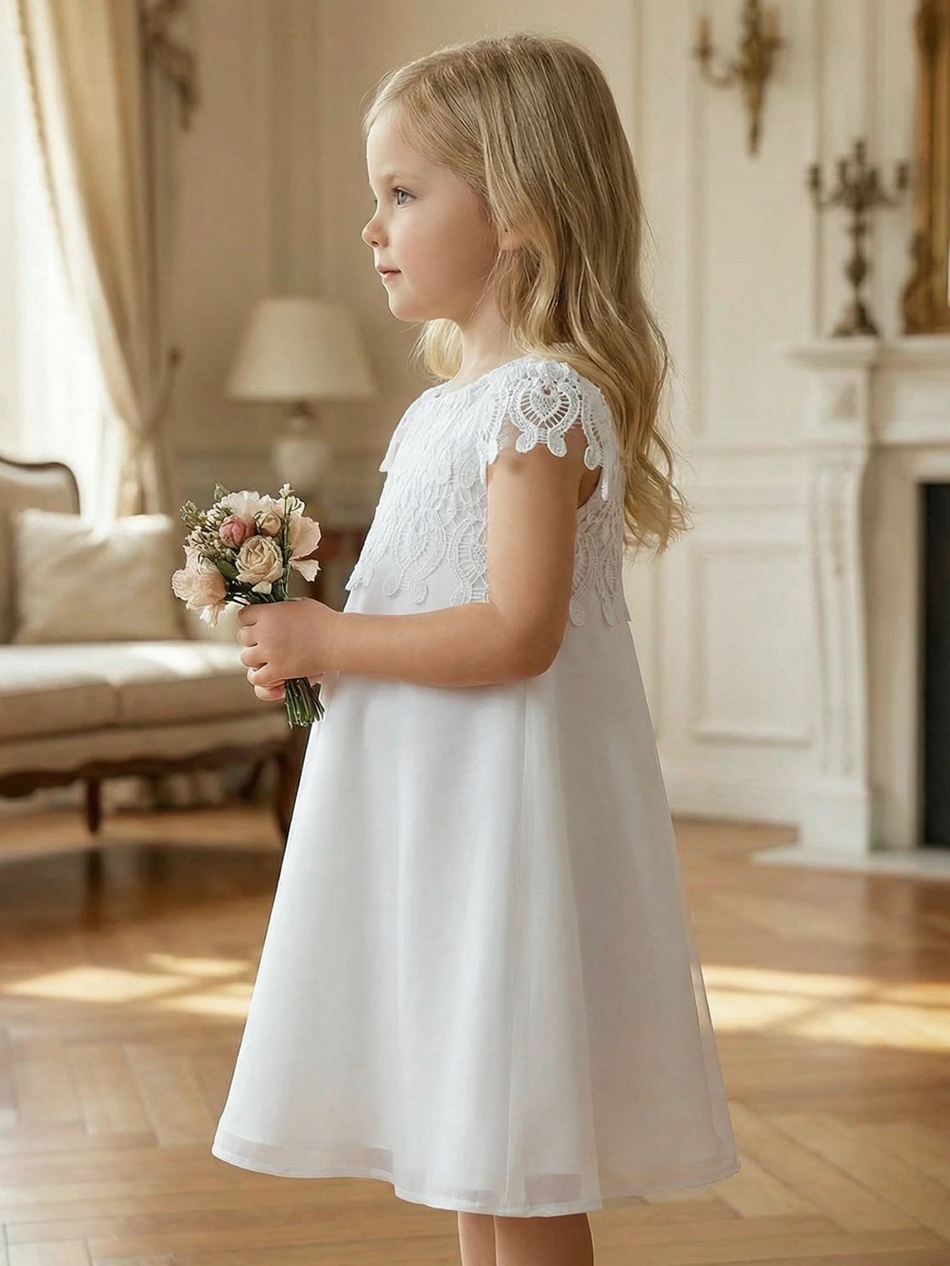 Young Girls Cute and Elegant Princess Dress Little Girl White Silk Crepe Evening Gown with Lace Wedding Flower Peddler Dress