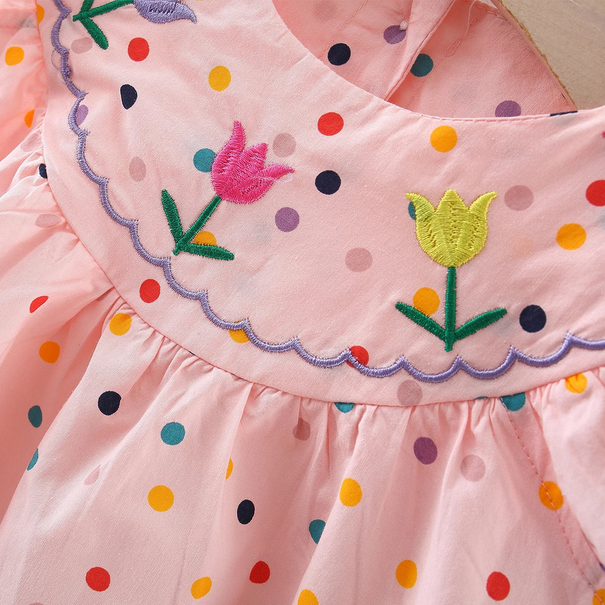 Kadia Polka Dot Baby Dress with Flower Embroidery