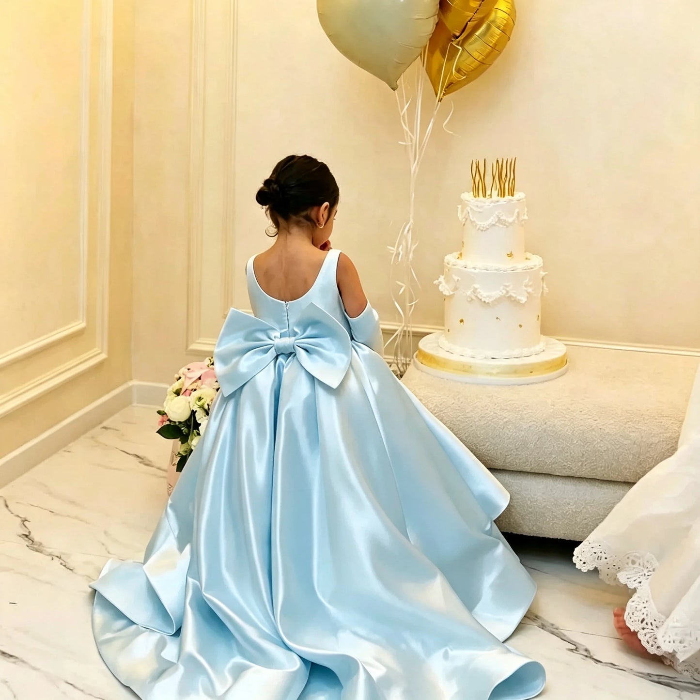 Flower Girl Dress White Satin A-Line Bow Back Long Train Flower Girl Gown Toddler Wedding Pageant Events Customized Wholesale