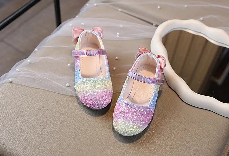 2026 Girl Shoes Spring New Girls Soft Sole Leather Shoes Rainbow Sequins Dress Princess Shoes Kids Shoe Mary Jane Shoes