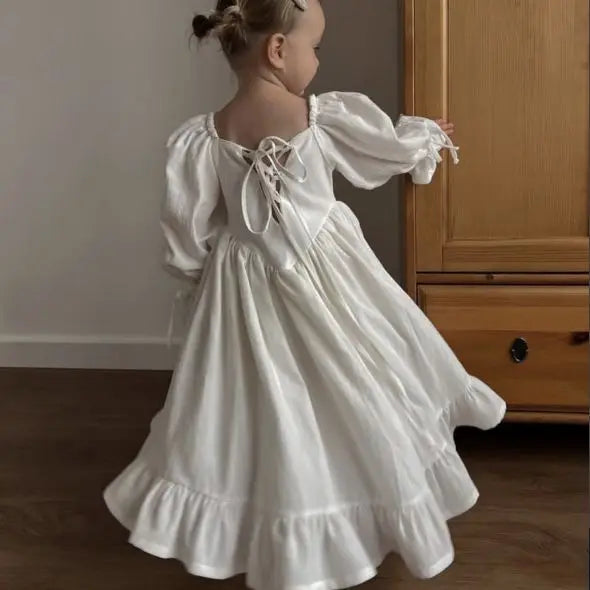 Kids Puff Sleeve White Dress Girls Cotton Linen Lolita Princess Dresses