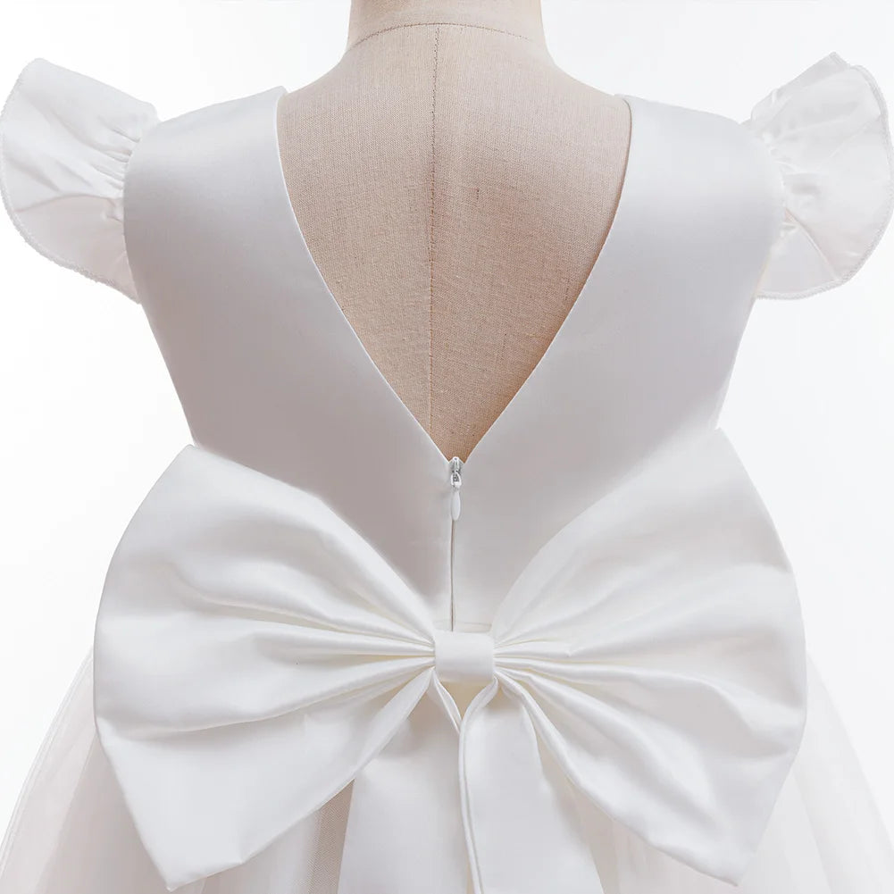 Kids Girls White Dresses Flower Child Wedding Dress Elegant Tulle Gown Baptismal Ceremony Costume Children Birthday Gift Dress