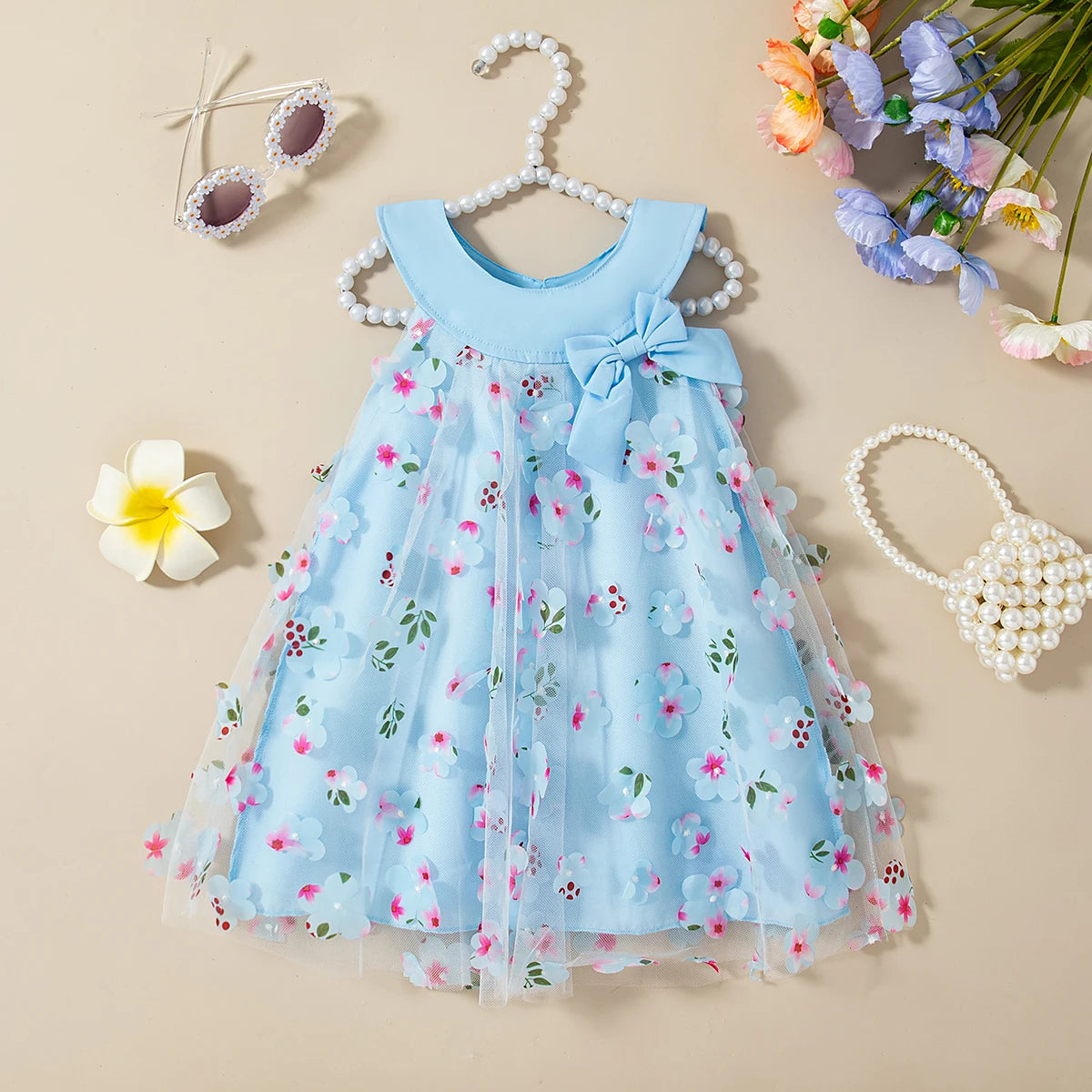 (0-3 Years Old) Summer Mesh All Over Flower Bow Baby Girl Dress