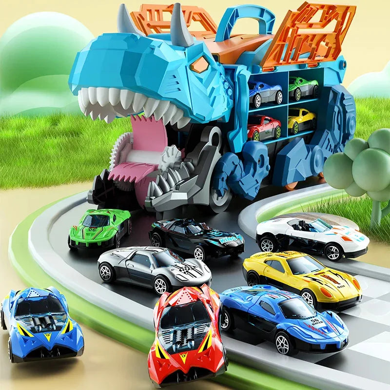 Dinosaur Toys for Kids Boys Ages 3-5, Car Track Set Dinosaur Transport Truck with Diecast Cars