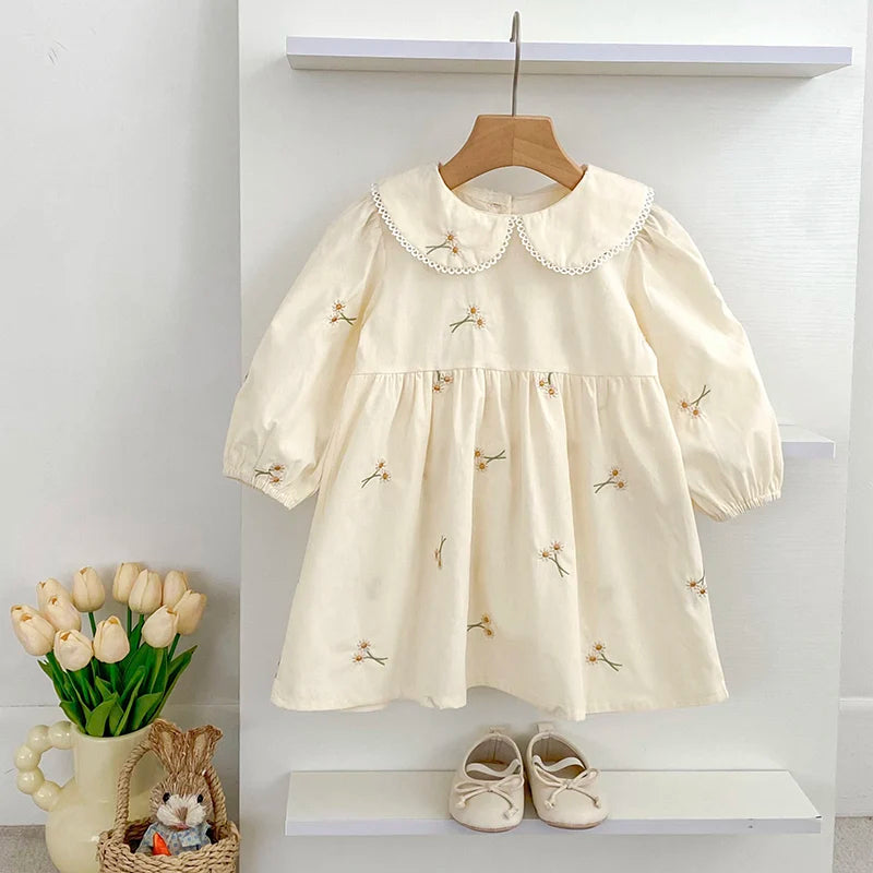 Spring Clothes Pastoral Baby Girls Dress Autumn Embroidery Cotton Floral Doll Dress