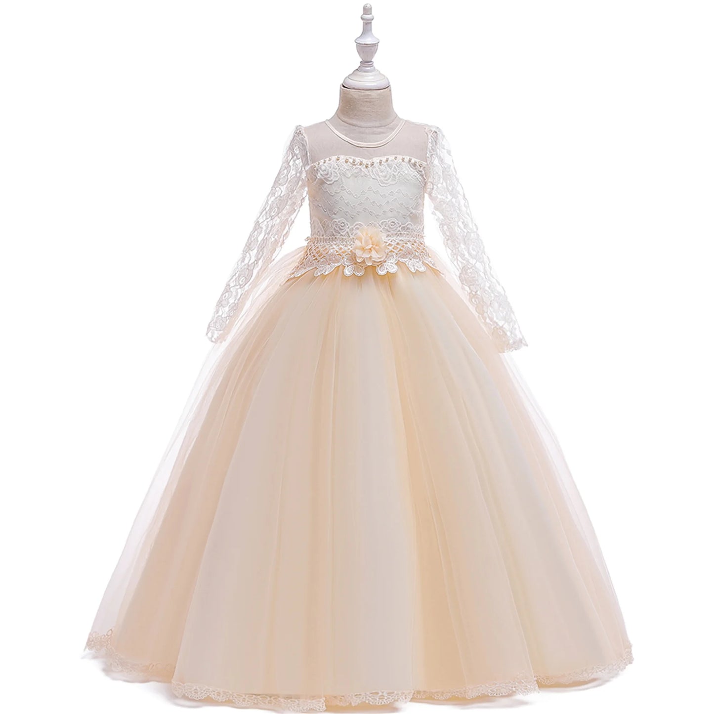 Long Sleeve White Bridemaid Girl Party Dresses Wedding Costume Bow Lace