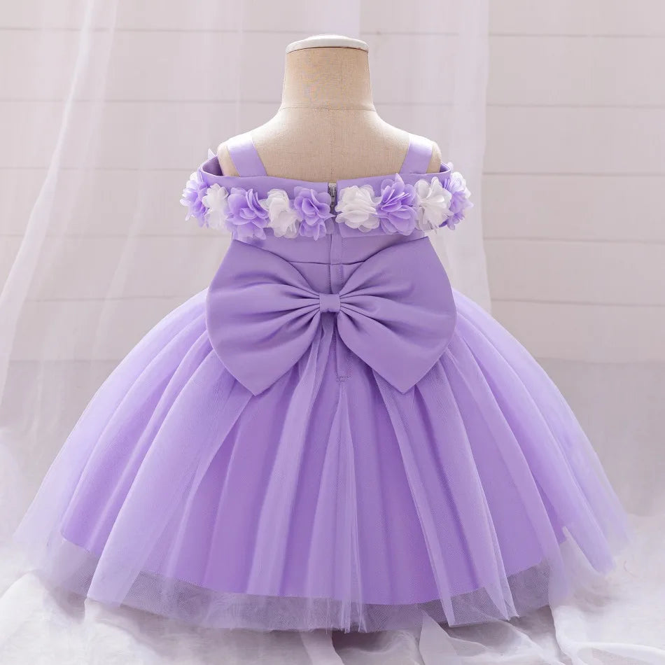 New Baby Girls 1st Princess Dress Infant Three-dimensional Flower One-word Shoulder Mesh Dress Baby Girl Performance Dress ASQ03