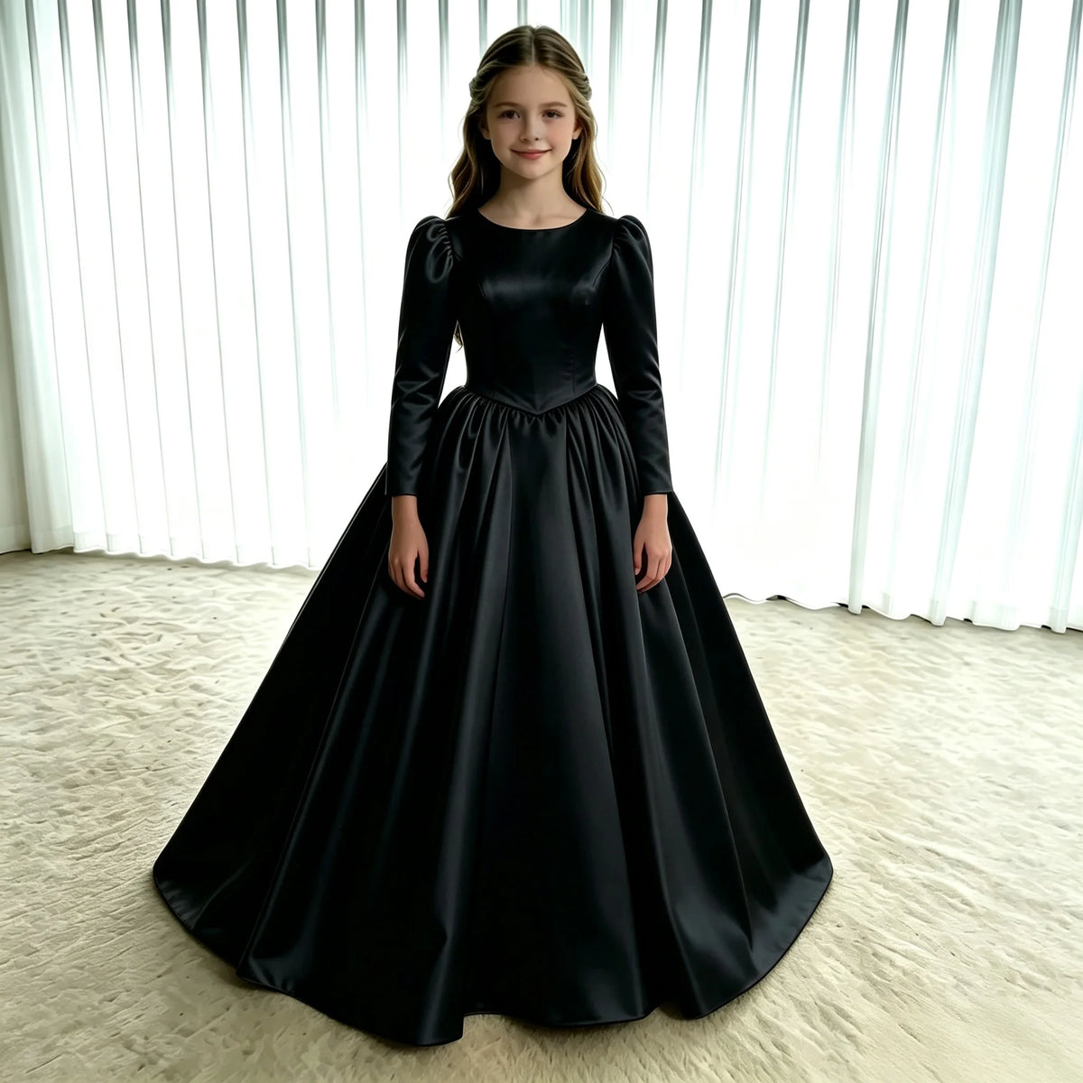 Girls First Communion Dress New Long Sleeves Satin Elegant Tail Evening Gown Girls Wedding Party Princess Dress for Juniors