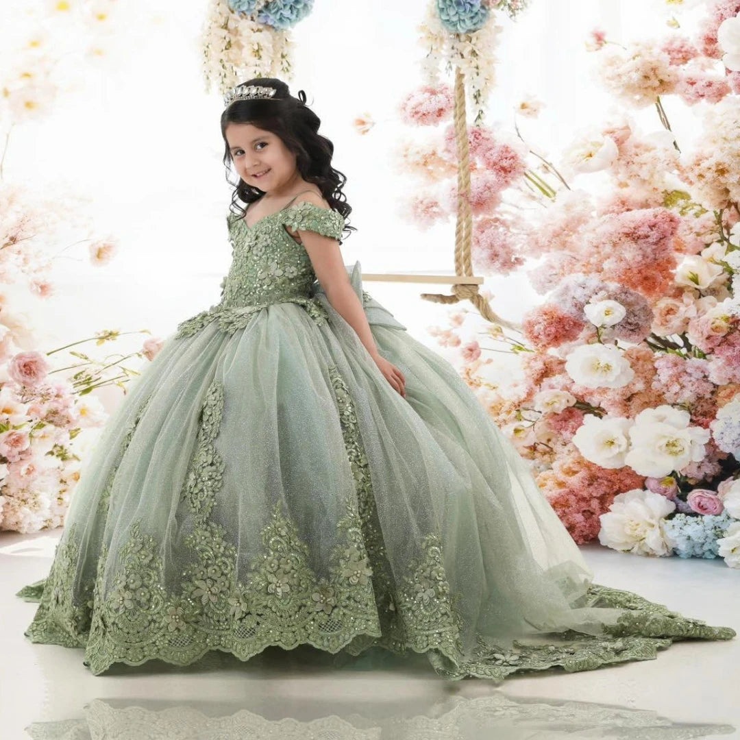 Customized Flower Girl Dress Green Tulle Floral Appliques With Bow For Wedding