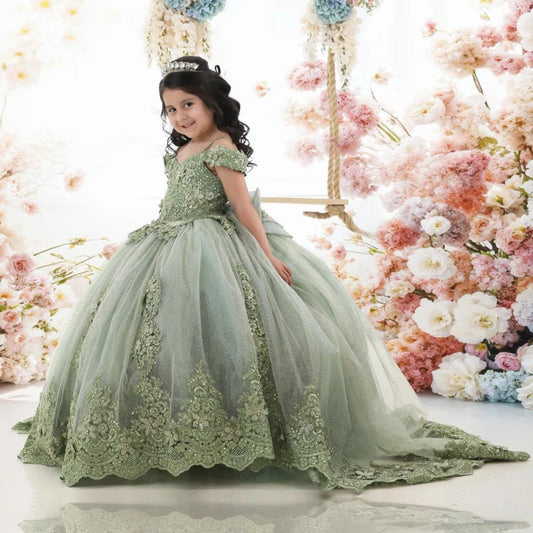 Customized Flower Girl Dress Green Tulle Floral Appliques With Bow For Wedding