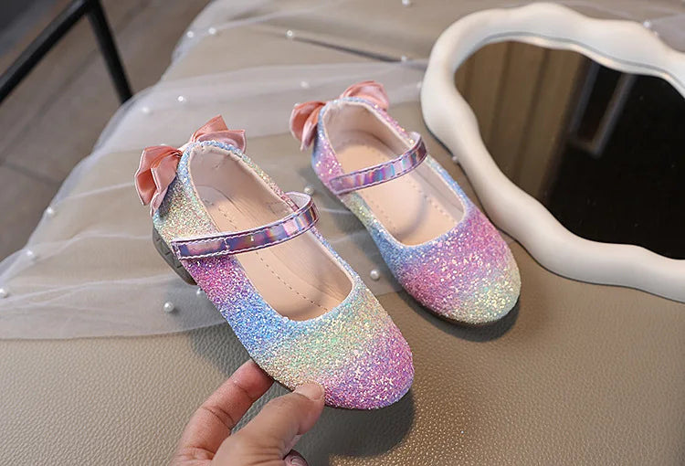 2026 Girl Shoes Spring New Girls Soft Sole Leather Shoes Rainbow Sequins Dress Princess Shoes Kids Shoe Mary Jane Shoes