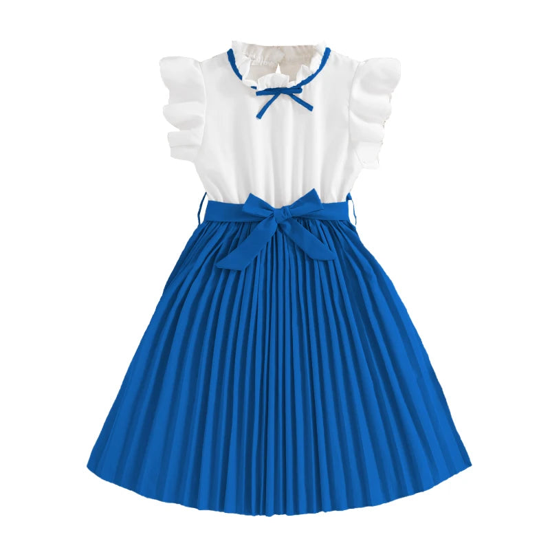 Emma Kids Dress for Girls with Pleated Skirt and Bow Tie