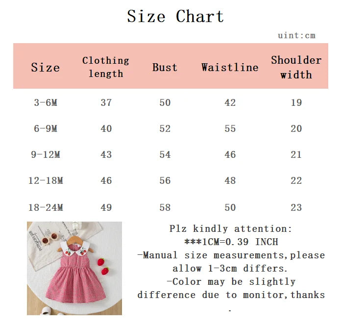Cute Baby Girl Dress Doll Collar Strawberry Print in Red Checkered Pattern Dress