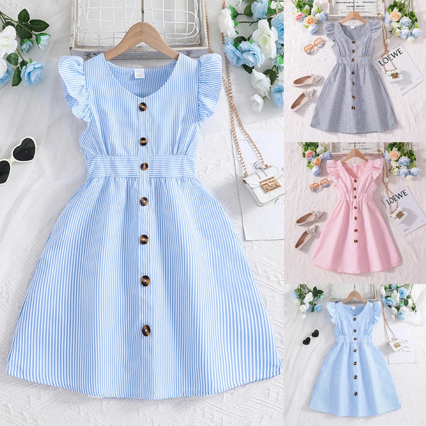 Ivy Summer Dress Age 6 - Striped Flying Sleeve Dress for girls
