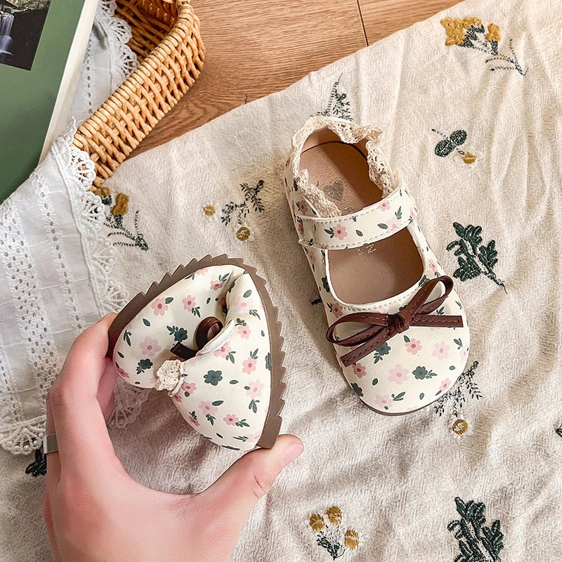 Spring Girl's Princess Shoes Floral Adorable Versatile Kids Flat Shoe Round Toe Soft Comfy Trendy Children Mary Janes 21-32