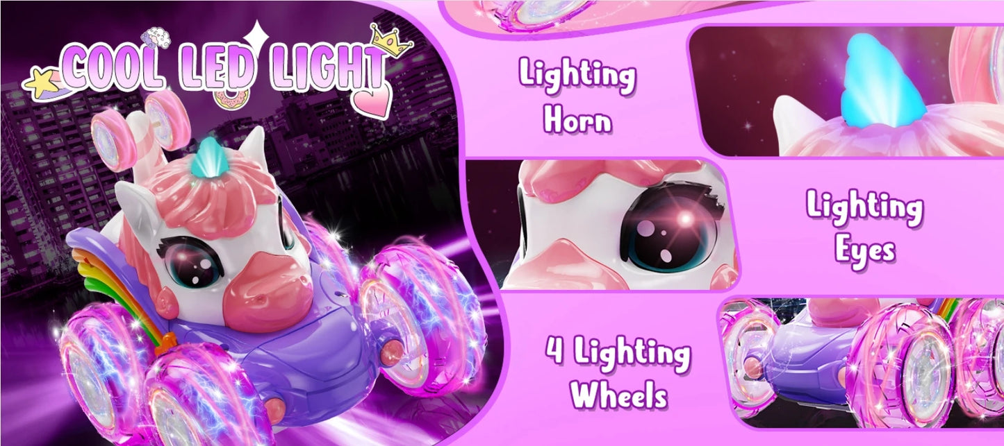 Unicorn Remote Control Car for Girls, 360° Rotating 4WD Stunt RC Cars with Cute Lights