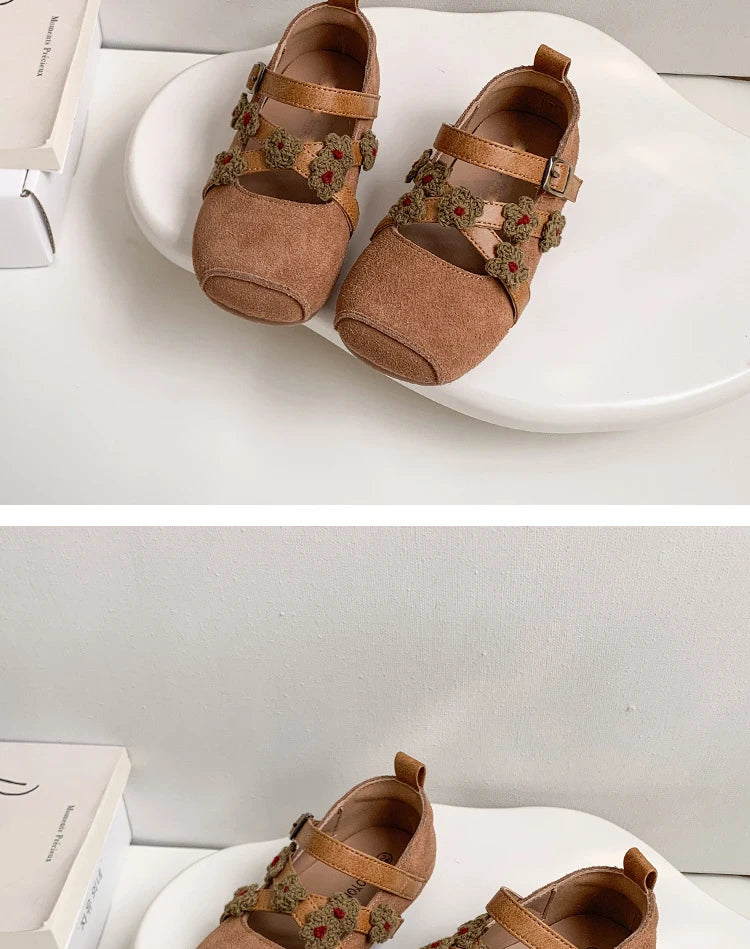 Girls Shoes New Spring Square Toe One-line Buckle Buckle Decoration Shoes Mori Girl Style Outdoor Daily Flat Children Zapatos De