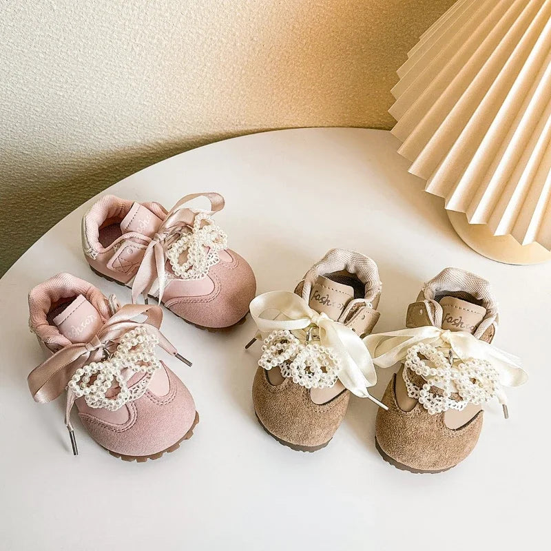 Children Casual Shoes Girls 2025 Spring Autumn New Fashion Korean Style Soft Bottom Anti-slippery Princess Lace Baby Shoes