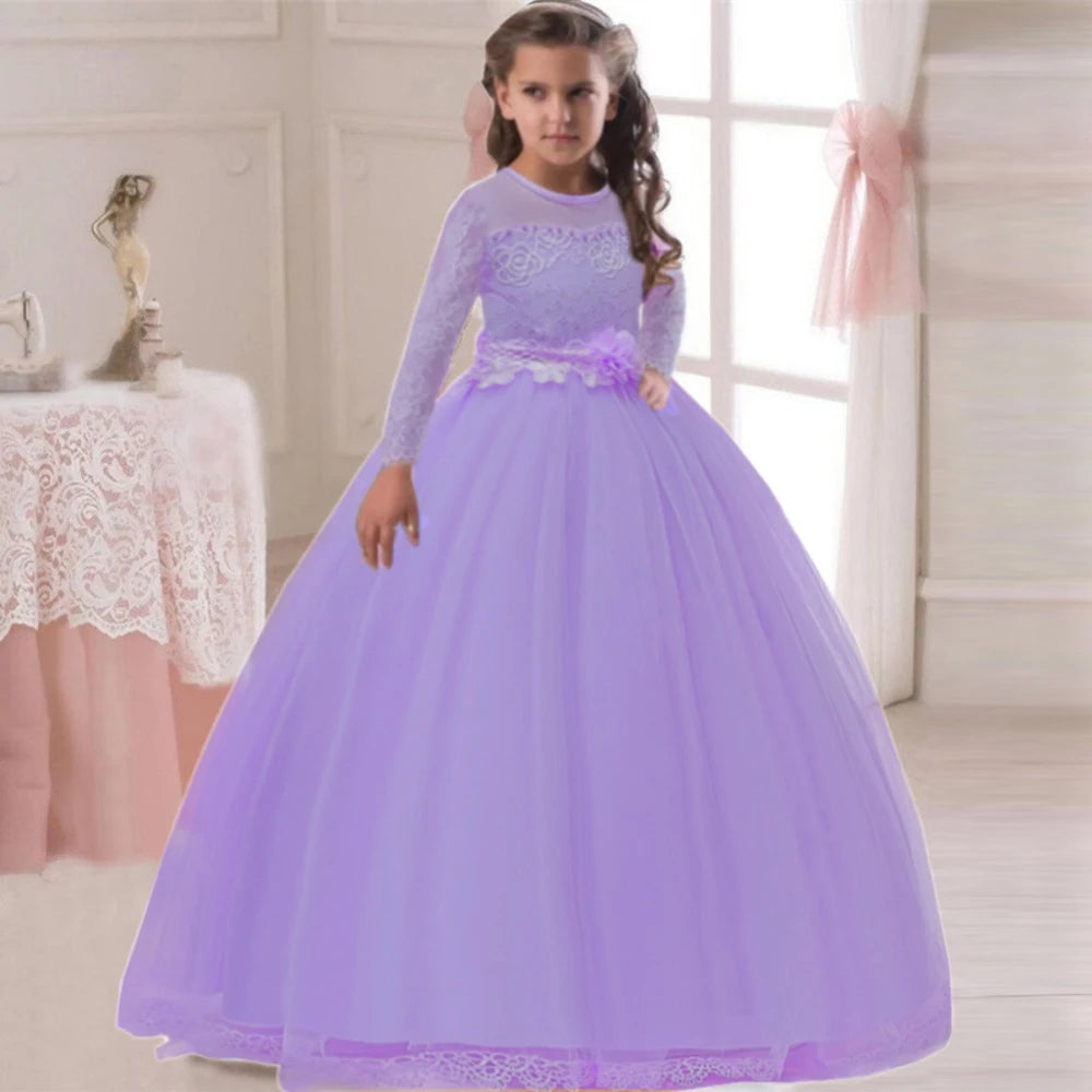 Long Sleeve White Bridemaid Girl Party Dresses Wedding Costume Bow Lace
