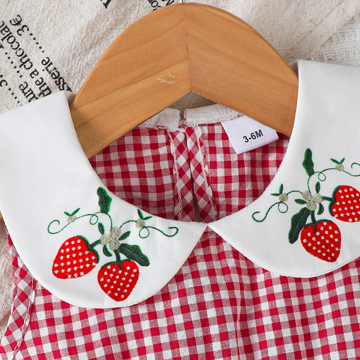 Cute Baby Girl Dress Doll Collar Strawberry Print in Red Checkered Pattern Dress