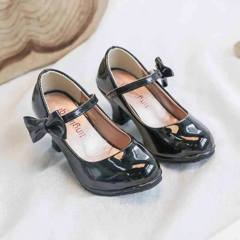 Spring Formal All Black Shoes Children High Heel Girls Shoes