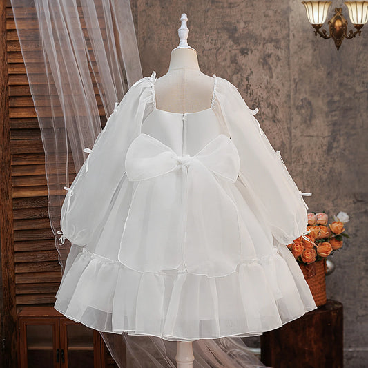 Elegant White Bridesmaid Prom Girls Dresses Gala Wedding Gown Bow Birthday Party Dress