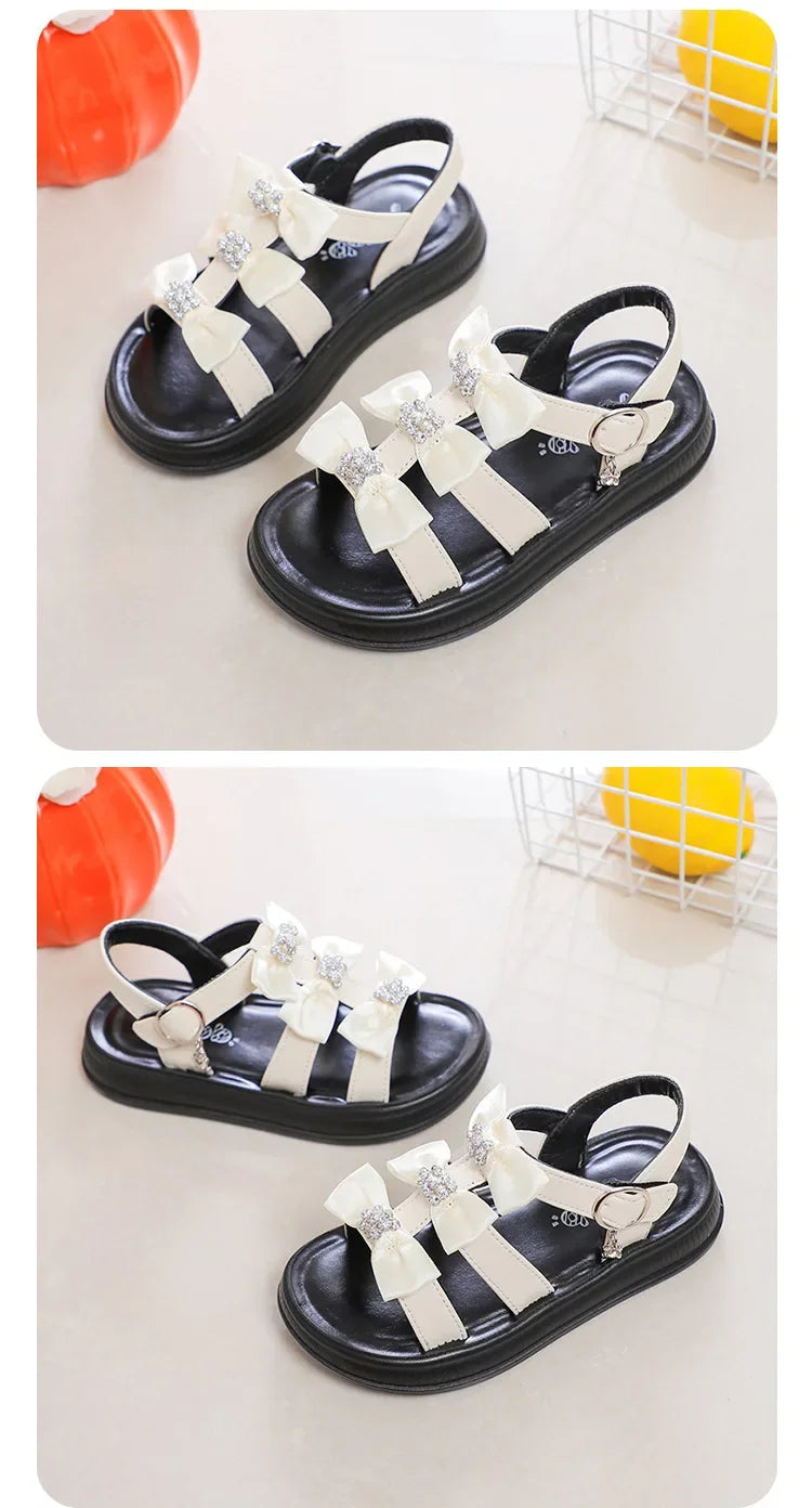 Girls Beach Shoes with Sweet Bows Soft Sole Kids Sandals Versatile 2025 Summer New Children Princess Shoes