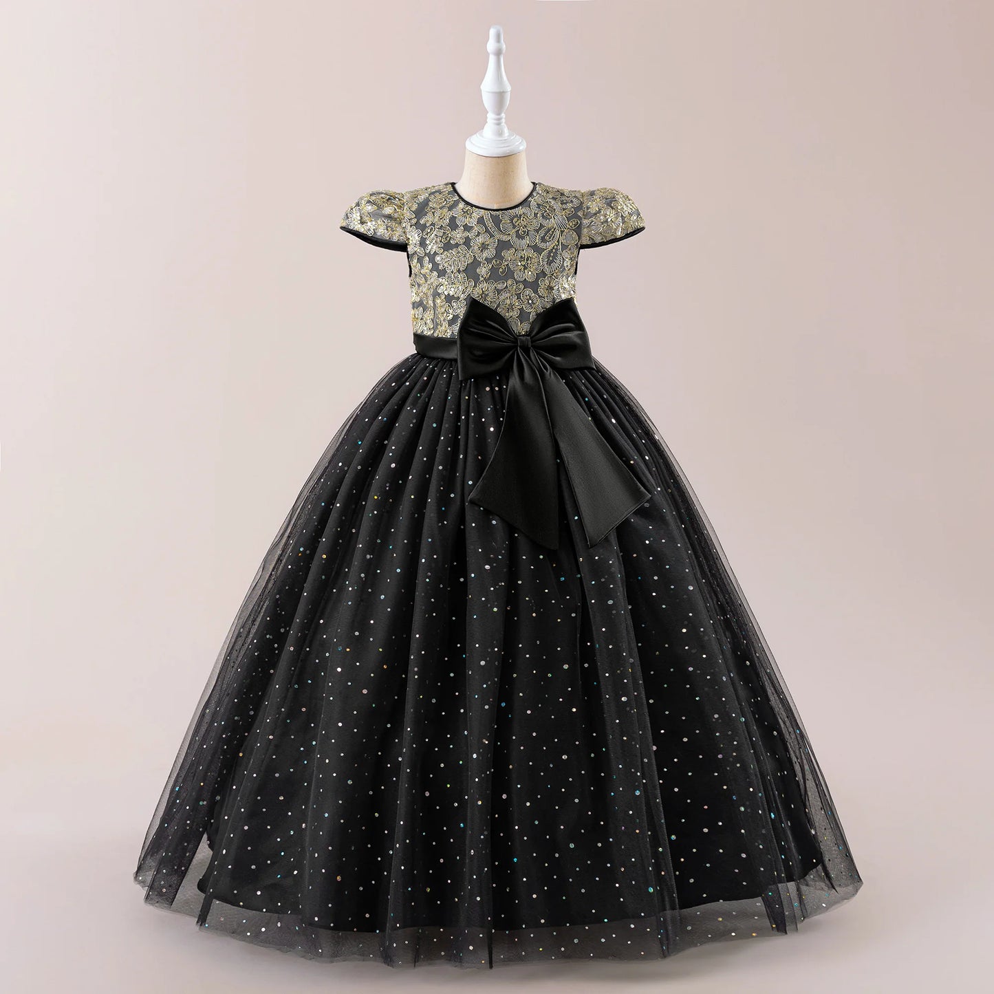 Girls Flower Embroidery Party Dress Kids Big Bow Long Wedding Bridesmaid