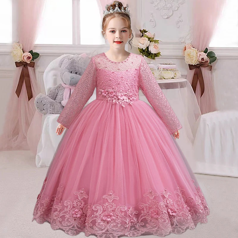 Children's Embroidered Party Evening Dress 3-12 Years Old Lace Long Sleeve White Wedding Dress