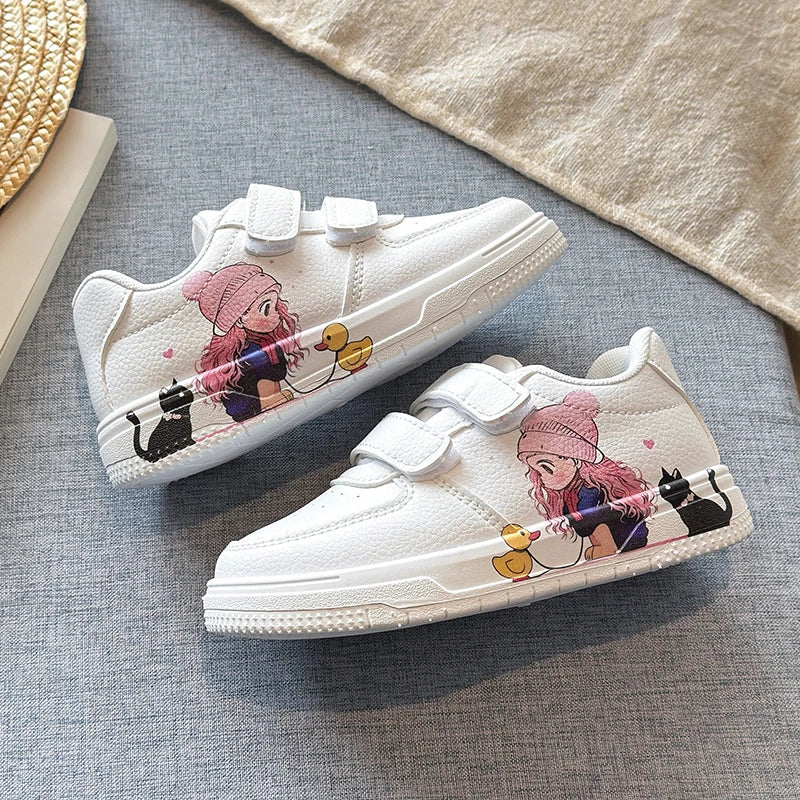 Girls White Shoes with Cartoon Girl Cat Prints Kids Casual Sneakers Fashion 2026 Spring Autumn Fashion Non-slip Classic 21-38