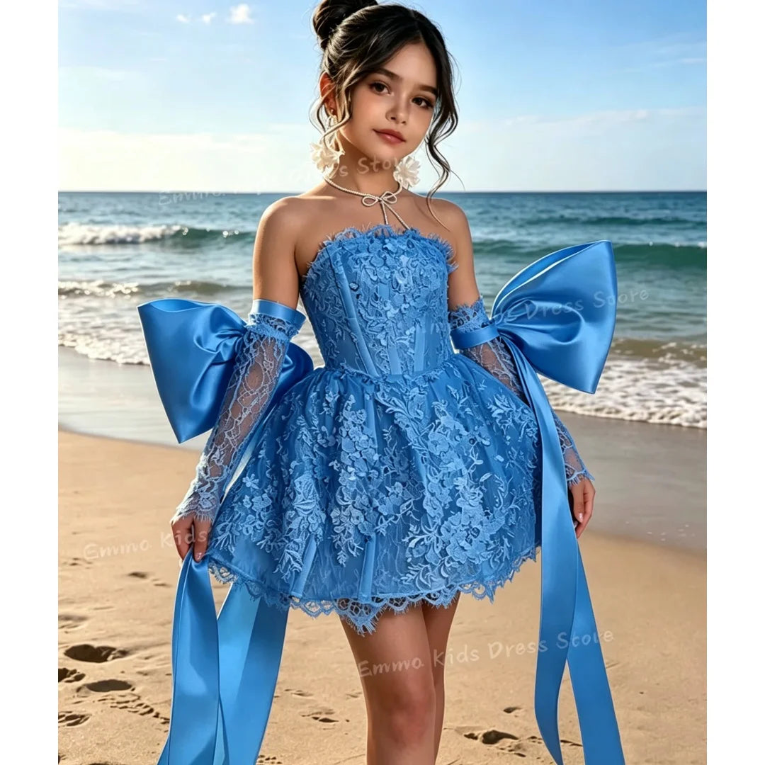 Custom Flower Girl Dress White Tulle Wedding Floral Appliqué Multi-layer Sleeveless Dress