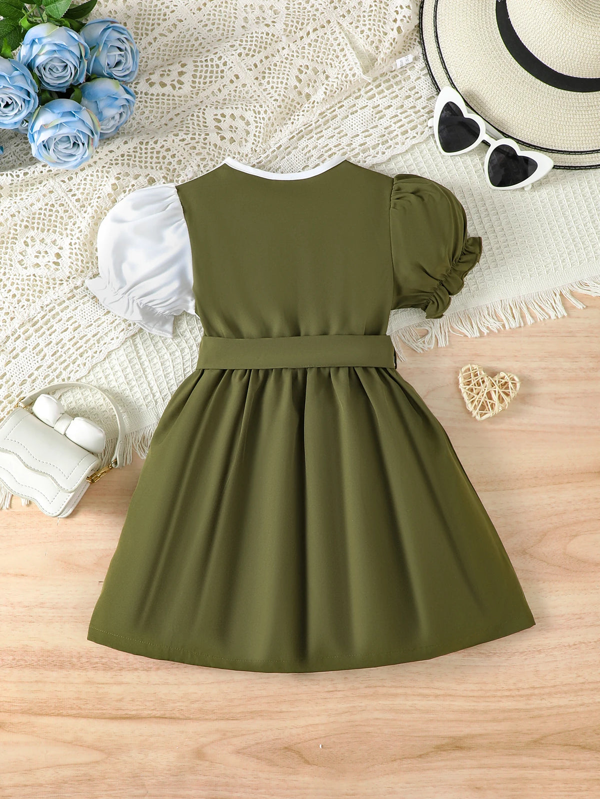 Baby Girl Dress Stylish Unique Design Puff Sleeve V‑Neck Bow Belt Summer Princess Party Dress For 4-7 Years Kid Girls Clothing