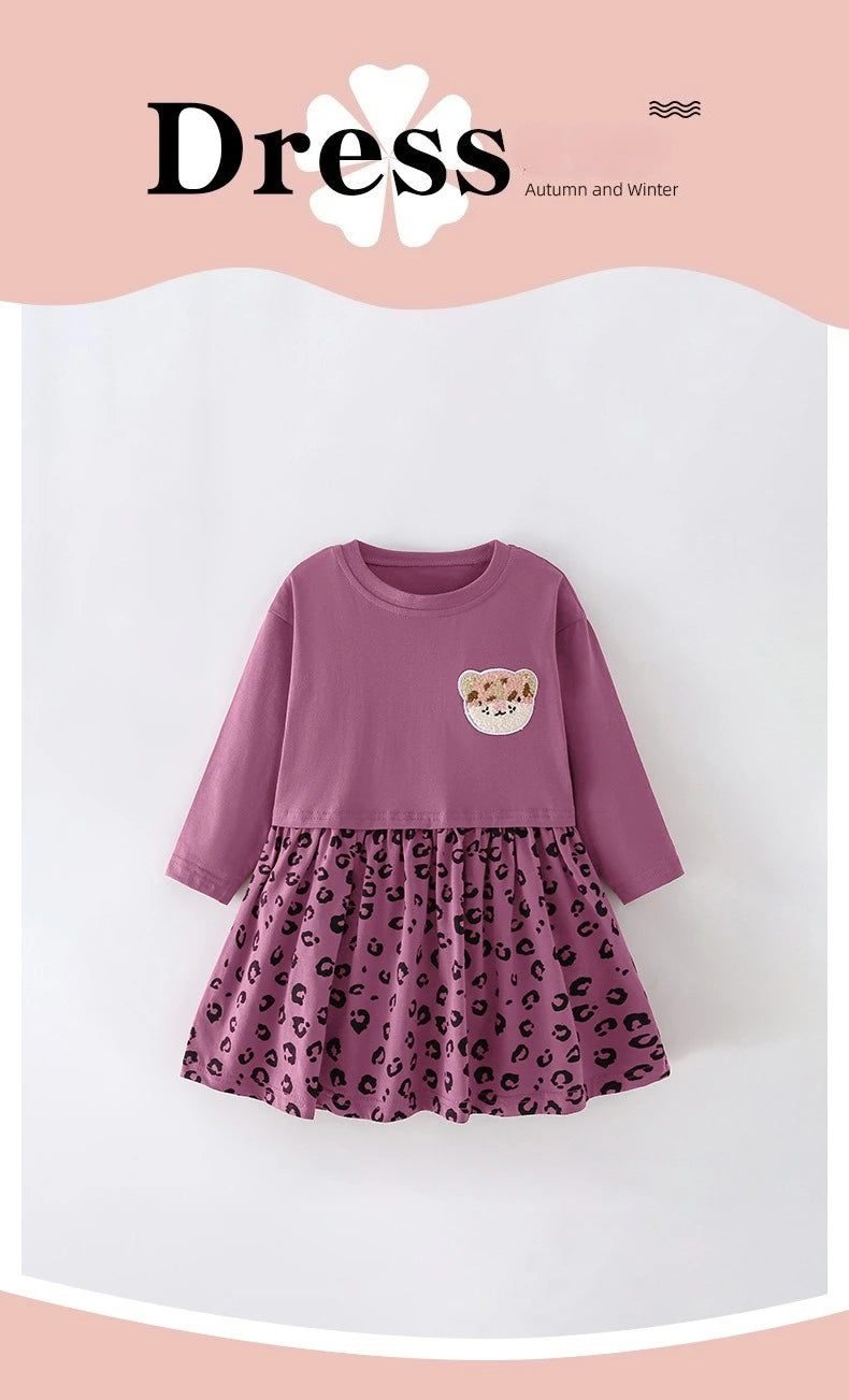 Girls Dress 2025 Spring Autumn New Europ-America Style Round Neck Leopard Pattern Dress