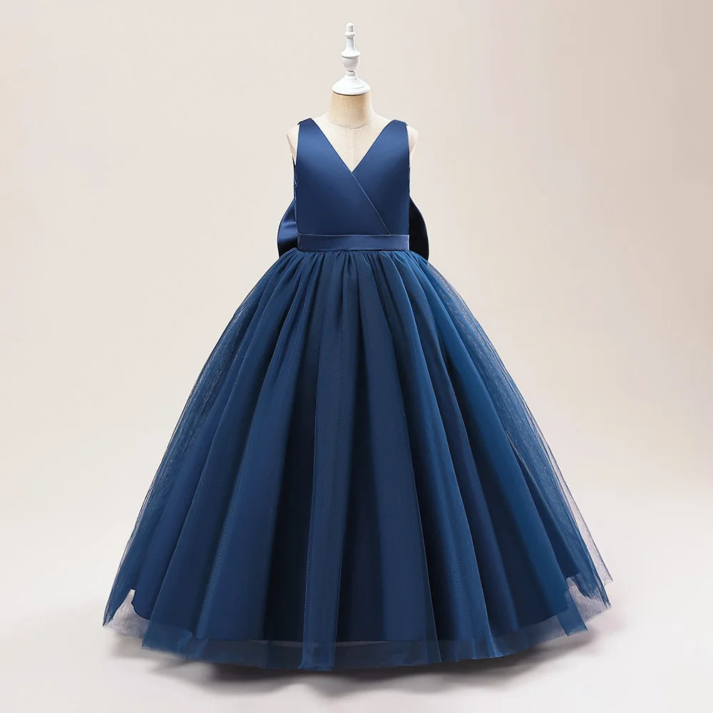 Girl Long White Bridesmaid Dresses For Wedding Prom Gown Big Bow Girls Party Dress