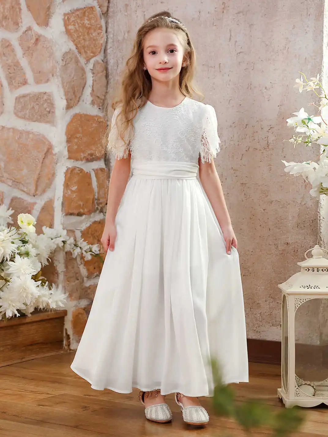 Girls Vintage Chiffon Lace Ruffle Sleeve A-Line Wedding Party Little Bridesmaid Dress